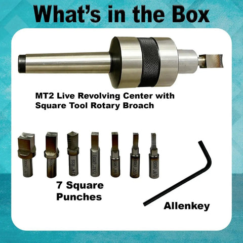 Rotary MT2 Broach Tool Holder With Square Broach Set Imperial kit shown with 7 square punches and Allen key