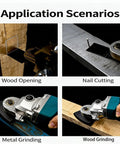 Angle Grinder Multi Tool Adapter Set in use for wood opening and nail cutting on various materials.