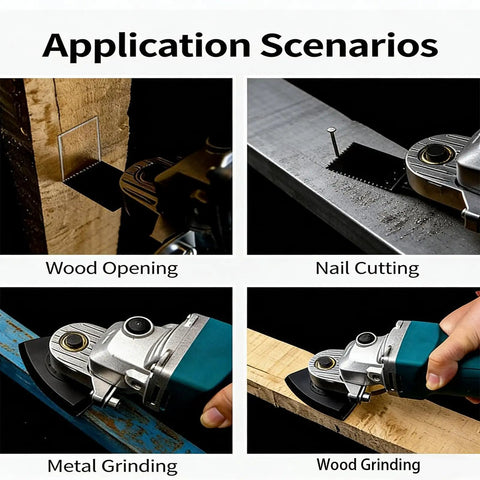 Angle Grinder Multi Tool Adapter Set in use for wood opening and nail cutting on various materials.