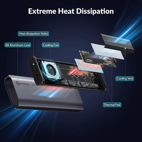 Sleek External NVMe SSD Enclosure With Thunderbolt 4 And USB4 Ports shows components for heat dissipation including a cooling fan.