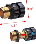 Three Quarter Inch Garden Hose Quick Connect Set Includes Six Male And Six Female Connectors With Extra Washers For Easy Attachment And Quick Release Hose Fittings For Fast Swapping Between Sprayers Nozzles And Accessories, close-up view showing two connectors' measurements