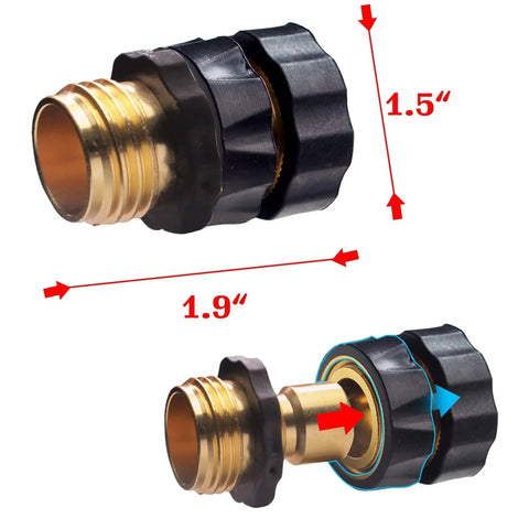 Three Quarter Inch Garden Hose Quick Connect Set Includes Six Male And Six Female Connectors With Extra Washers For Easy Attachment And Quick Release Hose Fittings For Fast Swapping Between Sprayers Nozzles And Accessories, close-up view showing two connectors' measurements