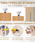 Installation process of White Ceramic Cabinet Knobs Set with 12 Dope Retro Round Dresser Pulls, screws, and screwdriver