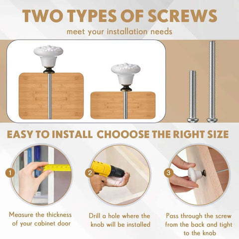 Installation process of White Ceramic Cabinet Knobs Set with 12 Dope Retro Round Dresser Pulls, screws, and screwdriver