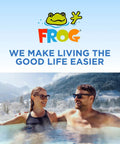 Couple enjoying a hot tub in a scenic outdoor setting, promoting Premium Water Test Strips For Hot Tubs And Swim Spas.