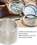 Watch Movement Holder And Base Tool For SKX007 NH35 7S26 7S36 4R Movements, shown with open watch, stainless steel base
