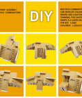 DIY assembly options for Finger Skate Park Kit Bigger Ramp Set With Five Parts For Fingerboard Training in cardboard on yellow background.