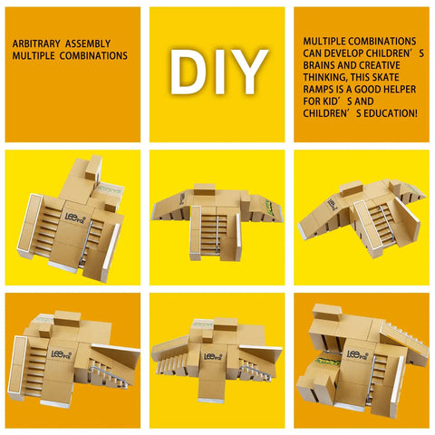 DIY assembly options for Finger Skate Park Kit Bigger Ramp Set With Five Parts For Fingerboard Training in cardboard on yellow background.