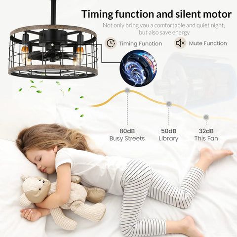 Small 18 Inch Caged Ceiling Fan With Lights And Remote Control Industrial Rustic Farmhouse Enclosed Bladeless Ceiling Fan with child sleeping below.