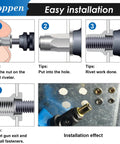 M6 Rivet Nuts Kit 115 Pcs Zinc Plated Carbon Steel Flat Head Threaded Inserts installation steps guide with tools and effects.