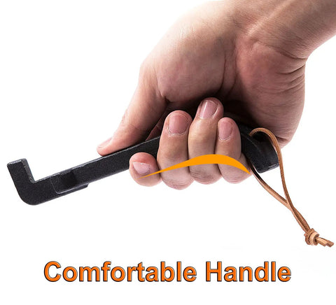 Hand holding Cast Iron Grill Grid Lifter, 8 Inch Long Universal Barbecue Grate Lifter For Charcoal And Gas Grills with leather lanyard
