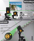 Green Cross Line Self Leveling Laser Level With Tripod For Picture Hanging Tile And Indoor Construction Projects Pro Grade Dual Module With Rechargeable Battery And Selectable Laser Lines 100 Foot Range, self-leveling mode