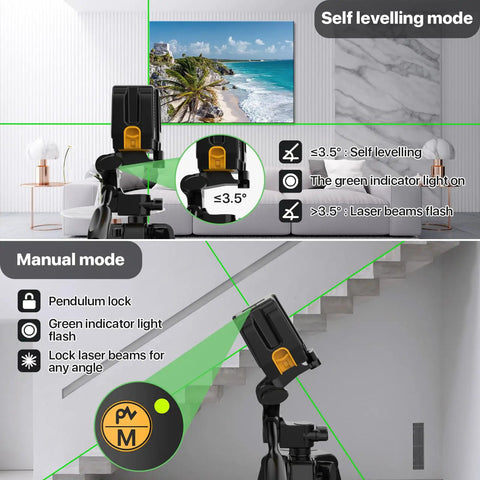 Green Cross Line Self Leveling Laser Level With Tripod For Picture Hanging Tile And Indoor Construction Projects Pro Grade Dual Module With Rechargeable Battery And Selectable Laser Lines 100 Foot Range, self-leveling mode