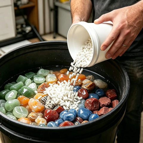 Person pouring Eight Pound Ceramic Tumbling Media Cylinders, Reusable Non Abrasive Pellets 1/5 x 2/5 Inch into rock tumbler