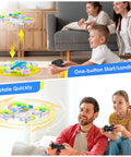 Children flying the indoor kids drone with LED lights and 360 flip, showing ease of use with controllers in living room setting.