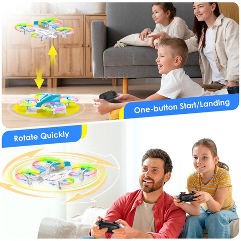 Children flying the indoor kids drone with LED lights and 360 flip, showing ease of use with controllers in living room setting.