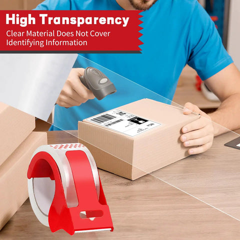 Man using scanner with Two Roll Clear Heavy Duty Packing Tape With Dispenser Pack Strong And Durable Shipping Tape 1.88 Inch By 55 Yards Per Roll Ideal For Packing Boxes Moving Shipping And Mailing on cardboard box.