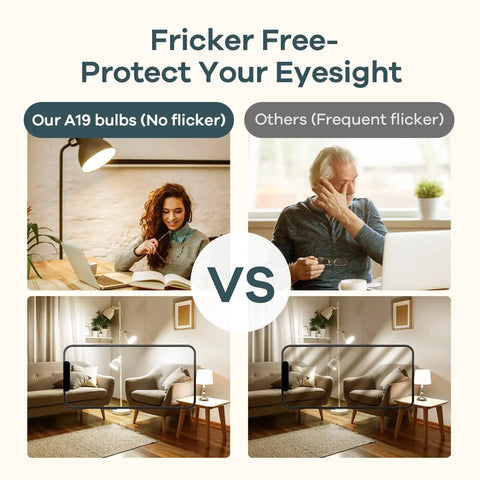 Comparison of LED A19 Light Bulbs 60W Equivalent 2700K Soft White in different room settings showing flicker-free performance for home office.