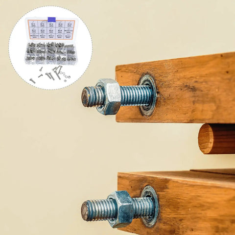 375-Piece Pro Grade 304 Stainless Steel Hex Bolts Nuts And Flat Washers Assortment Kit with mount example on wood