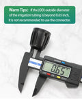 Focus Keyword: 14 Pack One Half Inch Drip Tubing Elbow Fittings With Barbed Lock Nuts For Garden Irrigation Systems One Half Inch ID By Sixteen Millimeter OD 90 Degree Elbows No Brainer Install Anti Drop Connectors For Lawn. Digital caliper showing 0.65 inches measurement.