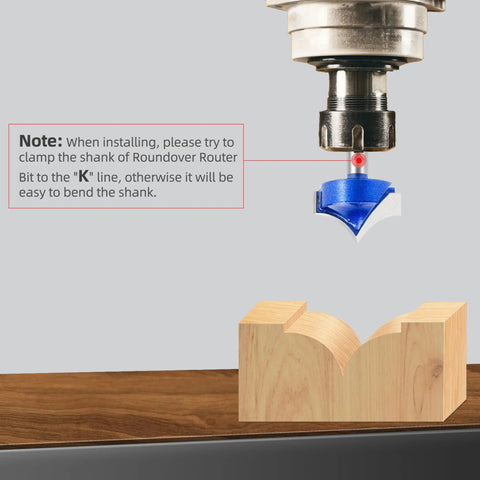 Carbide Roundover Router Bit Set for Woodwork, Four Piece Collection with 1/4 Inch Shank in use, cutting wood edge