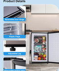 Slick 3.2 Cu Ft Upright Mini Freezer In Silver With No Fuss Design And Rapid Cool Down For Apartments Rv Trailers And Home Bars showing adjustable leg and reversible door hinge.