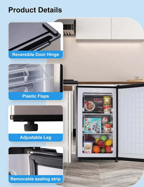 Slick 3.2 Cu Ft Upright Mini Freezer In Silver With No Fuss Design And Rapid Cool Down For Apartments Rv Trailers And Home Bars showing adjustable leg and reversible door hinge.