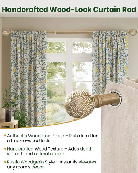 Boho Wood Curtain Rod Set 1 Inch Adjustable From 36 To 88 Inches With Imitation Wood Grain Leaf Finials, Rustic Farmhouse Style