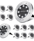 12 Pack Solar Ground Lights With 8 LED Each In Ground Round Puck Lights, stainless steel, cool white, outdoor use, waterproof
