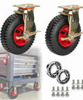 Rock Solid Heavy Duty Rubber Casters With Pneumatic Swivel Design Natural Shock Absorbing Wheels Built To Take A Beating On Industrial Grade Galvanized Steel Base Zero Hassle featuring red and black rubber wheels with hardware.