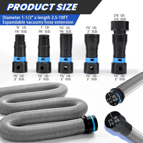 Expandable Vacuum Hose Kit Pro Grade For Home And Shop Dust Collection showing hose with adapters and dimensions