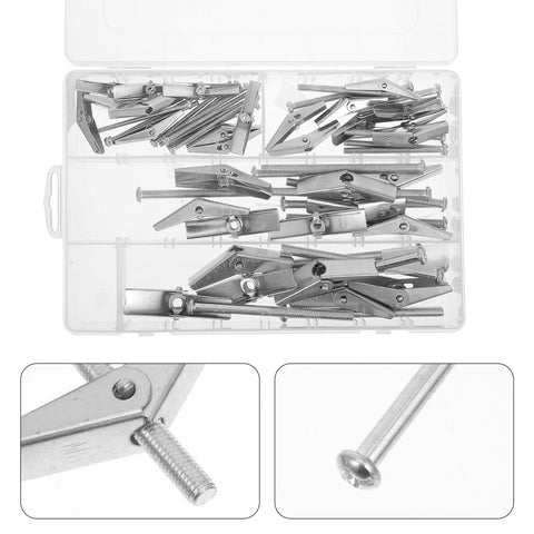 Heavy Duty Drywall Anchors And Toggle Bolts Kit, 32 Pcs Metal Wall Fasteners with wing nuts in an open storage case.