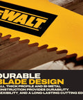 Close-up of a DEWALT bi-metal reciprocating saw blade highlighting durable design, part of a 10-piece set for metal and wood cutting