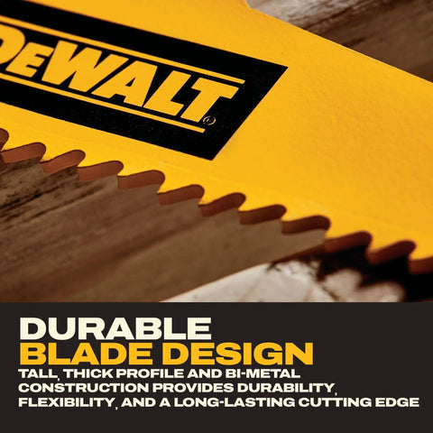 Close-up of a DEWALT bi-metal reciprocating saw blade highlighting durable design, part of a 10-piece set for metal and wood cutting