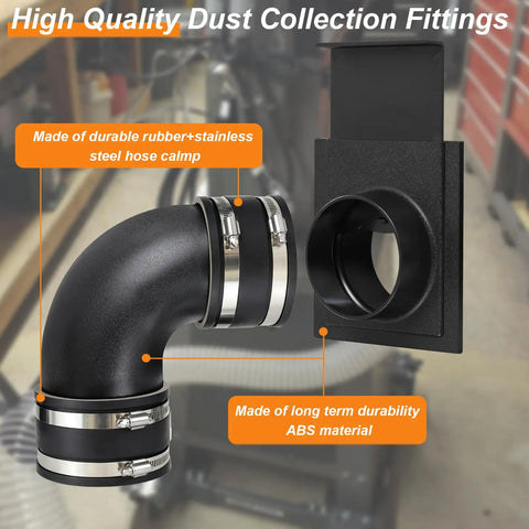 Heavy Duty 4 Inch Dust Collection Fitting Kit For Woodshop Includes 90 Degree Elbow Blast Gate And Flex Cuffs, featuring durable rubber and ABS material.