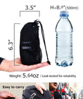 Inflatable Travel Lumbar Pillow For Airplane Seats, Easy On The Go Comfort, packed in a black pouch beside a water bottle for size comparison