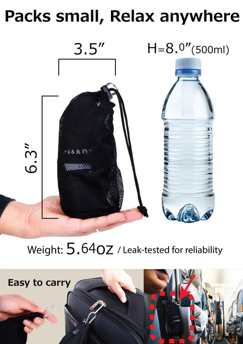 Inflatable Travel Lumbar Pillow For Airplane Seats, Easy On The Go Comfort, packed in a black pouch beside a water bottle for size comparison