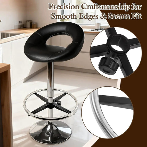 Real Deal Stainless Steel Chair Footrest Ring With 40 Cm Diameter Hella Sturdy Replacement Leg Support For Bar Stools And Office Swivel Chairs Built Tough For Daily Grind on a sleek black bar stool with chrome details.