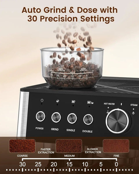 Close-up of an Espresso Machine With Built In Grinder For Home Barista Vibe, 15 Bar Pump, showing precision grind settings.