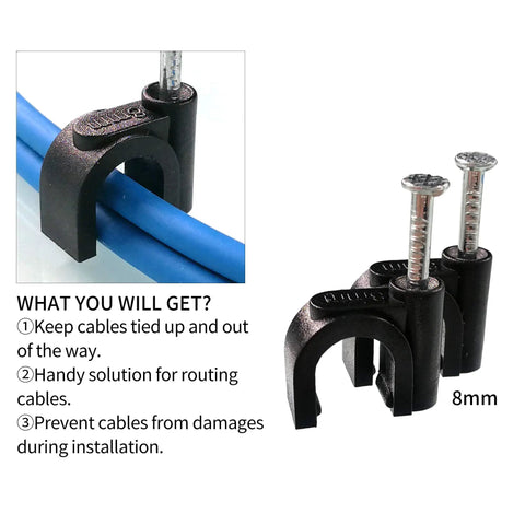 100 Pack Nail In Cable Clips Set for 8mm Wire with zinc plated nails securing blue cable