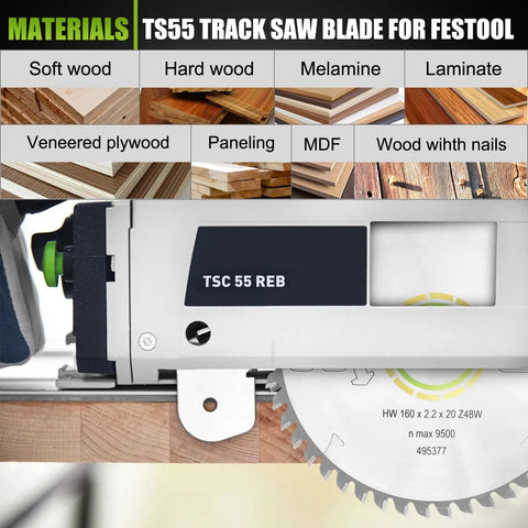 Beefed Up 160mm Track Saw Blade With 2.2mm Kerf And 20mm Arbor For Festool TS 55 TSC 55 ATF 55 E HK 55 HKC 55 Track Saws 48T ATB Grind Replacement Performance showing materials for use