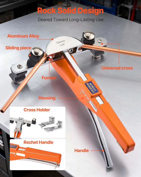 VEVOR Ratcheting Tubing Bender Kit For 1/4 To 7/8 Inch With 7 Aluminum Dies showcasing aluminum alloy materials and sliding piece design.