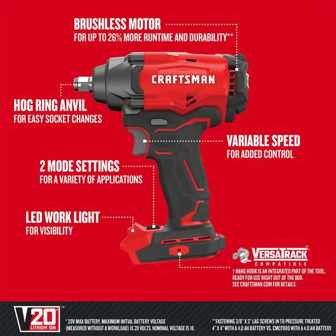 V20 Cordless Half Inch Impact Wrench Bare Tool Only with brushless motor and hog ring anvil shown with features labeled