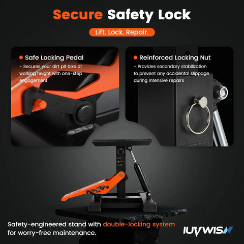 Secure safety lock on Adjustable Dirt Bike Stand And Motorcycle Lift Jack 1000 Lb Capacity Hydraulic Lift With Pedal Heavy Duty