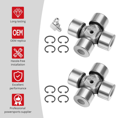 Rear Driveshaft U Joint Set For Can Am Renegade Commander Traxter Quest Maverick Outlander Beefed Up Heavy Duty OEM Replacement Kit With OE Numbers 703000022 705500304 715500371, showing two U-joints and installation components.