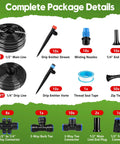 Complete package details of Two Hundred Forty Foot Drip Irrigation Kit With No Hassle Quick Connect Fittings and accessories