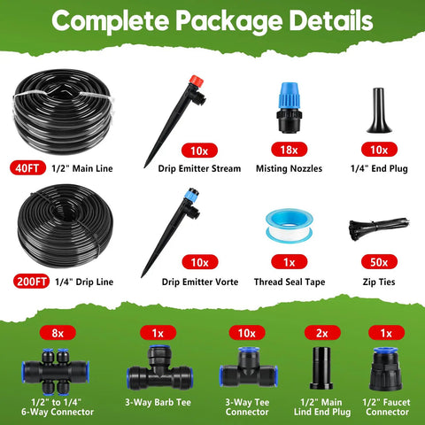 Complete package details of Two Hundred Forty Foot Drip Irrigation Kit With No Hassle Quick Connect Fittings and accessories