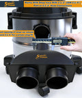SplashPower 2.5 Inch Shop Vac Y Connector Splitter Dual Hose Adapter showing measurements for correct fitting.