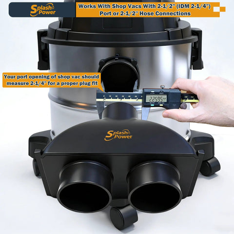 SplashPower 2.5 Inch Shop Vac Y Connector Splitter Dual Hose Adapter showing measurements for correct fitting.