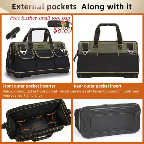 15 Inch Wide Mouth Tool Bag With Waterproof Molded Base, showing multiple angles, black Oxford fabric with pockets and Velcro inserts.
